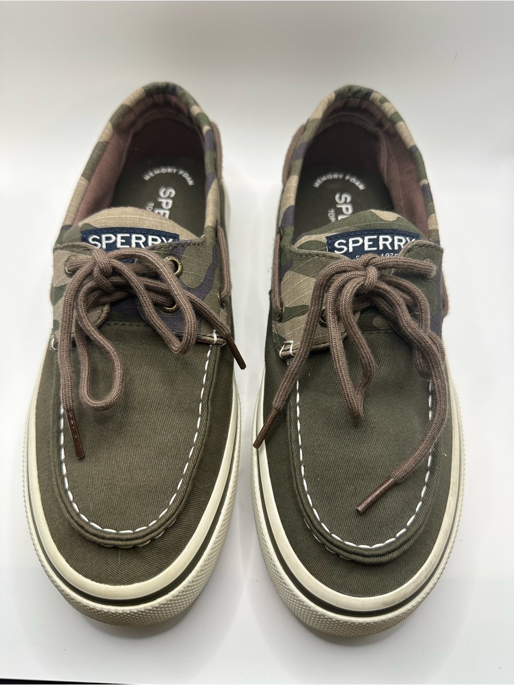 Sperry Olive Canvas Boat Shoes with Camo Trim